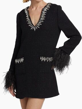 cinq a sept Black V‑Neck Mini Dress with Jeweled Trim and Feather Cuffs